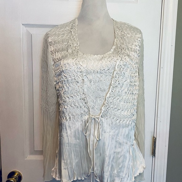 J.R. Nites Cream Smocked Blouse with Tie Front and Long Sleeves - Picture 1 of 11